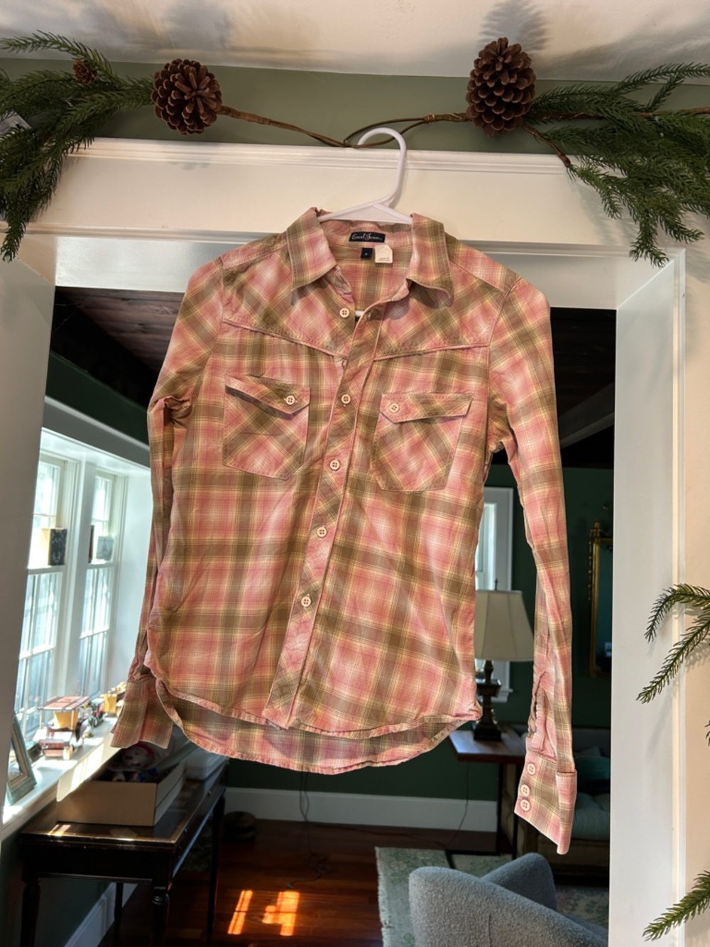 Earl Jean VTG Pink and Sage Plaid Button-Down Cowboy Shirt